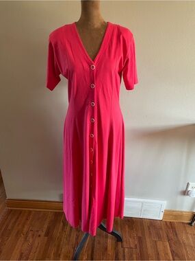 Vintage 90’s Richard & Comapny Midi V-Neck Button-Front Dress in Hot Pink